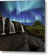 Northern Lights At Kirkjufellsfoss Waterfalls Iceland Metal Print