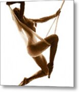 Nude Woman Suspended On Silk Sepia On White Metal Print