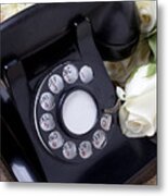 Old Phone And White Roses Metal Print