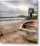Old Rowing Boat And Lookout Tower On Beach Metal Print