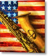 Old Saxophone On Wooden Flag Metal Print
