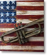 Old Trumpet On American Flag Metal Print