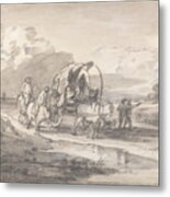 Open Landscape With Horsemen And Covered Cart Metal Print