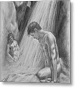 Original Charcoal Drawing Art Male Nude By Twaterfall On Paper #16-3-11-16 Metal Print