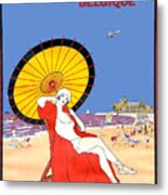Ostend, Belgium, Girl On The Beach With Umbrella, Trave Poster Metal Print