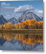 Oxbow Bend With Vibrant Autumn Colour Aspen Trees, Grand Teton National Park, Wyoming Usa Metal Print