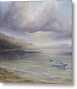 Beach By Sruce Run Lake In New Jersey At Sunrise With A Boat Metal Print