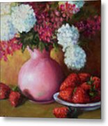Painting Of Pink Pitcher And Strawberries Metal Print