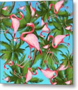 Palm Tree And Flamingos Metal Print