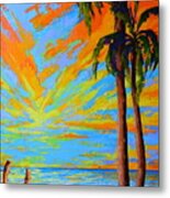 Florida Palm Trees, Tropical Beach, Colorful Sunset Painting Metal Print