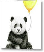 Panda Baby With Yellow Balloon Metal Print