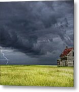 Panorama Photograph Of A Thunderstorm On The Prairie With Abandoned Farmhouse Metal Print