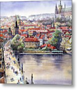 Panorama With Vltava River Charles Bridge And Prague Castle St Vit Metal Print