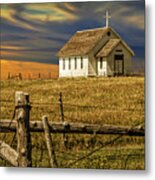 Panoramic Of Old Rural Country Church At Sunset On The Prairie Metal Print
