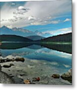 Patricia Lake Reflection With Red Canoe Metal Print