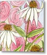 Pink Hollyhock And White Coneflowers Metal Print