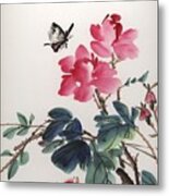 Pink Roses And Butterfly Metal Print