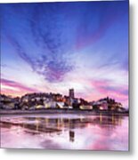 Pink Sunset Reflections Over Cromer Town At Dusk Metal Print