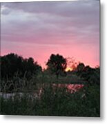 Pink Sunset With Green Riverbank Metal Print