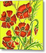 Poppies On Yellow Background, Painting Metal Print
