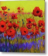 Poppy Flower Field Oil Painting With Palette Knife Metal Print