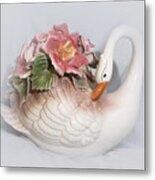 Porcelain Swan With Roses Metal Print