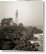 Portland Head Lighthouse In Fog Sepia Metal Print