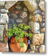 Potted Plant In Niche In Stone Wall In Greek Village Metal Print