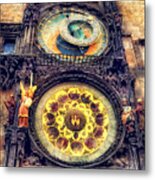 Prague Clock Orloj Watercolor Metal Print