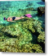 Pretty Woman In Bikini Snorkeling Through Turquoise Water At The Coast Metal Print