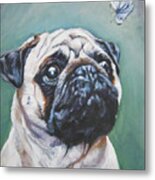 Pug With Butterfly Metal Print