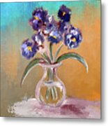 Purple And Blue Pansies In Glass Vase Metal Print