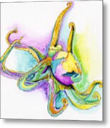 Purple Blue Yellow Sea Watercolor Series 2 Octopus Metal Print