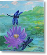 Purple Water Lily And Dragonflies Metal Print