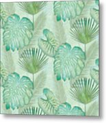 Rainforest Tropical - Elephant Ear And Fan Palm Leaves Repeat Pattern Metal Print