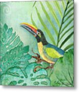 Rainforest Tropical - Jungle Toucan W Philodendron Elephant Ear And Palm Leaves 2 Metal Print