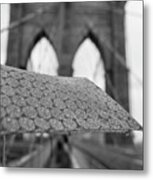 Rainy Day On The Brooklyn Bridge Brooklyn New York Cables Umbrella Black And White Metal Print