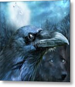 Raven And Wolf - In The Moonlight Metal Print
