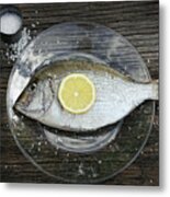 Raw Fish On Plate With Knife And Fork Metal Print