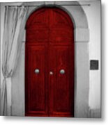 Red Door With Curtain, Greeve In Cianti, Tuscany, Italy Metal Print