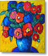 Red Poppies And Blue Flowers - Abstract Floral Metal Print