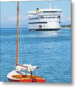 Red Sailboat And Ferry I Metal Print
