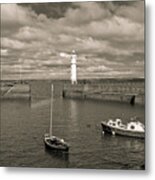 Retro Harbour And Old Lighthouse. Metal Print