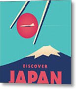 Retro Japan Mt Fuji Tourism - Cyan Metal Print