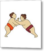 Rikishi Sumo Wrestler Pushing Side Mono Line Metal Print
