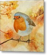 Robin Among Flowers Metal Print