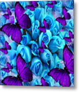 Roses And Purple Butterflies Metal Print