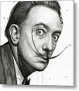 Salvador Dali Portrait Black And White Watercolor Metal Print