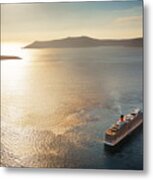 Santorini Island With Cruise Ship Sunset Metal Print