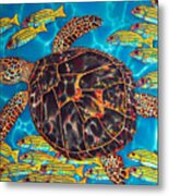 Sea Turtle With Schooling Fish Metal Print